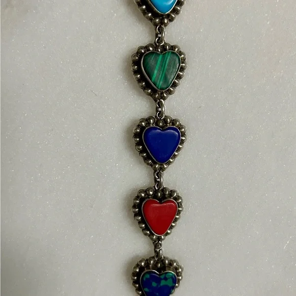 Vintage ~ Multi-Colors Gemstones Heart Shaped ~ .925 Sterling Silver Bracelet - Picture 7 of 15